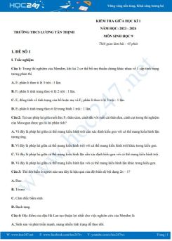 Bộ 3 đề thi giữa HK1 môn Sinh học 9 năm 2023-2024 có đáp án trường THCS Lương Tấn Thịnh