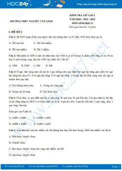 Bộ 3 đề thi giữa HK1 môn Sinh học 12 năm 2023-2024 có đáp án trường THPT Nguyễn Văn Linh