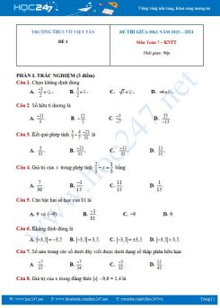 Bộ 3 đề thi giữa HK1 môn Toán 7 KNTT năm 2023 - 2024 Trường THCS Võ Việt Tân có đáp án