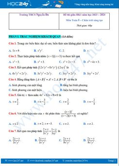 Đề thi giữa HK1 môn Toán 8 CTST năm học 2023 - 2024 Trường THCS Nguyễn Du có đáp án