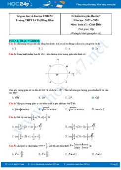 Đề thi giữa HK1 môn Toán 11 CD năm học 2023 - 2024 Trường THPT Lê Thị Hồng Gấm có đáp án