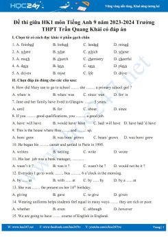 Đề thi giữa HK1 môn Tiếng Anh 9 năm 2023-2024 Trường THCS Trần Quang Khải có đáp án