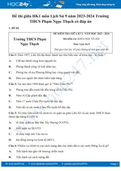Đề thi giữa HK1 môn Lịch Sử 9 năm 2023-2024 Trường THCS Phạm Ngọc Thạch có đáp án