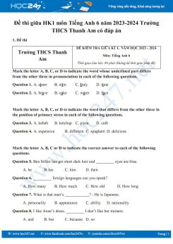 Đề thi giữa HK1 môn Tiếng Anh 6 năm 2023-2024 Trường THCS Thanh Am có đáp án