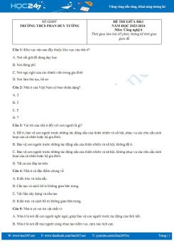 Đề thi giữa HK1 năm 2023 -2024 có đáp án môn Công nghệ 6 KNTT Trường THCS Phan Huy Tưởng