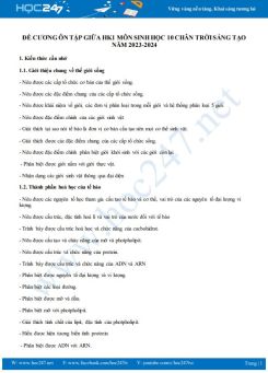 Đề cương ôn tập giữa HK1 môn Sinh học 10 CTST năm 2023-2024