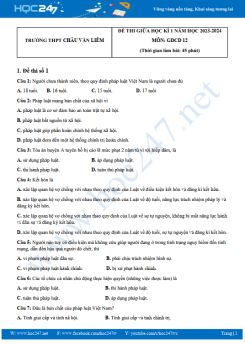 Bộ 3 đề thi giữa HK1 môn GDCD 12 năm 2023-2024 có đáp án trường THPT Châu Văn Liêm