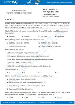 Bộ 3 đề thi giữa HK1 môn Hóa học 12 năm 2023-2024 có đáp án trường THPT Phan Ngọc Hiển