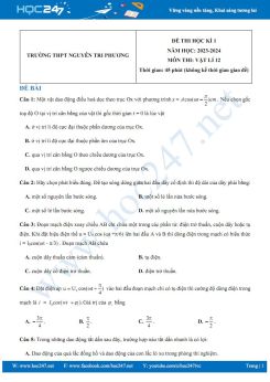 Đề thi HK1 môn Vật lí 12 năm 2023-2024 có đáp án trường THPT Nguyễn Tri Phương