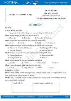Bộ 3 đề thi HK1 môn Công nghệ 9 năm 2023-2024 có đáp án trường THCS Trần Hưng Đạo