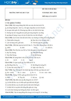 Đề thi HK1 môn Địa lí 11 KNTT năm 2023-2024 có đáp án trường THPT Hà Huy Tập
