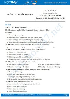 Đề thi HK1 môn Công nghệ 6 KNTT năm 2023-2024 có đáp án trường THCS Nguyễn Tri Phương
