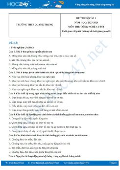 Đề thi HK1 môn Công nghệ 6 CTST năm 2023-2024 có đáp án trường THCS Quang Trung