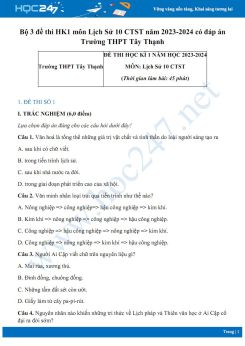 Bộ 3 đề thi HK1 môn Lịch Sử 10 CTST năm 2023-2024 có đáp án Trường THPT Tây Thạnh