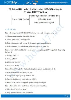 Bộ 3 đề thi HK1 môn Lịch Sử 12 năm 2023-2024 có đáp án Trường THPT Tân Bình
