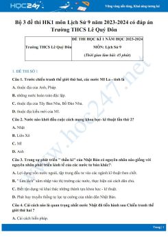 Bộ 3 đề thi HK1 môn Lịch Sử 9 năm 2023-2024 có đáp án Trường THCS Lê Quý Đôn