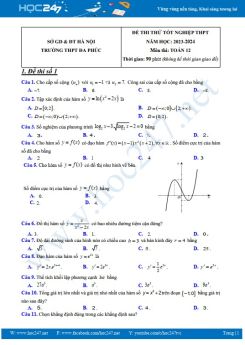 Bộ 3 đề thi thử Tốt Nghiệp THPT môn Toán năm 2023 - 2024 trường THPT Đa Phúc có đáp án