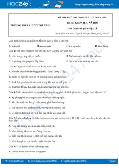 Đề thi thử Tốt nghiệp THPT môn Địa lí năm 2023-2024 trường THPT Lương Thế Vinh có đáp án