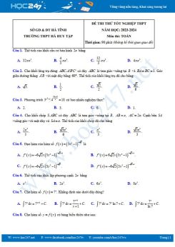 Đề thi thử Tốt nghiệp THPT môn Toán năm 2023 - 2024 trường THPT Hà Huy Tập có đáp án