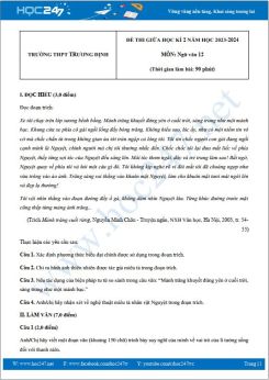 Đề thi giữa HK2 môn Ngữ văn 12 năm 2023-2024 có đáp án trường THPT Trương Định