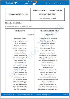 Đề thi giữa HK2 môn Ngữ văn 11 CTST năm 2023-2024 có đáp án trường THPT Nguyễn Trãi