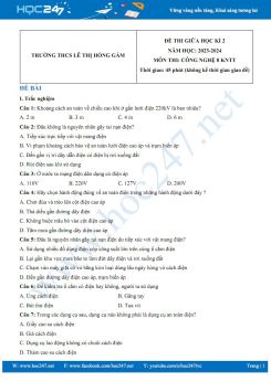 Đề thi giữa HK2 môn Công nghệ 8 KNTT năm 2023-2024 có đáp án trường THCS Lê Thị Hồng Gấm