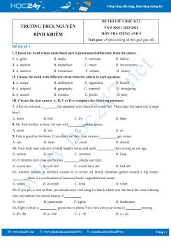 Bộ 3 đề thi giữa HK2 môn Tiếng Anh 9 năm 2023-2024 có đáp án Trường THCS Nguyễn Bỉnh Khiêm