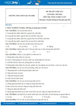 Đề thi giữa HK2 môn Công nghệ 7 CTST năm 2023-2024 có đáp án trường THCS Trần Quang Diệu
