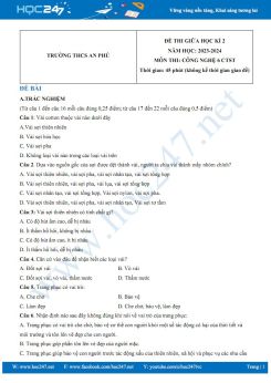 Đề thi giữa HK2 môn Công nghệ 6 CTST năm 2023-2024 có đáp án trường THCS An Phú