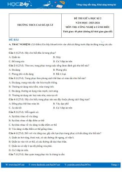 Đề thi giữa HK2 môn Công nghệ 6 Cánh diều năm 2023-2024 có đáp án trường THCS Cao Bá Quát