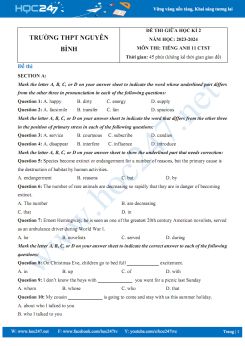 Đề thi giữa HK2 môn Tiếng Anh 11 CTST năm 2023-2024 có đáp án Trường THPT Nguyên Bình