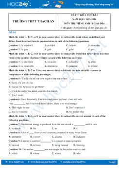 Đề thi giữa HK2 môn Tiếng Anh 11 Cánh Diều năm 2023-2024 có đáp án Trường THPT Thạch An