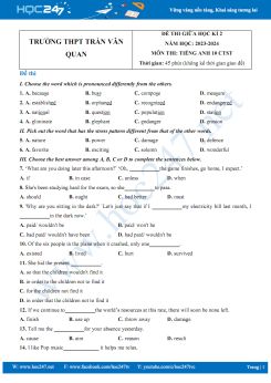 Đề thi giữa HK2 môn Tiếng Anh 10 CTST năm 2023-2024 có đáp án Trường THPT Trần Văn Quan
