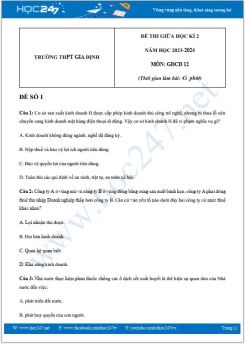 Bộ 3 đề thi giữa HK2 môn GDCD 12 năm 2023-2024 có đáp án trường THPT Gia Định