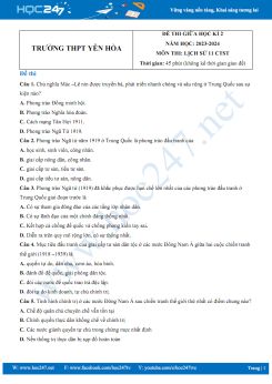 Đề thi giữa HK2 môn Lịch sử 11 CTST năm 2023-2024 có đáp án Trường THPT Yên Hòa
