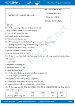 Bộ 3 đề thi giữa HK2 môn Địa lí 12 năm 2023-2024 có đáp án Trường THPT Nguyễn Văn Linh