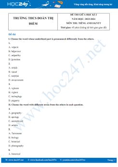 Đề thi giữa HK2 môn Tiếng Anh 8 KNTT năm 2023-2024 có đáp án Trường THCS Đoàn Thị Điểm