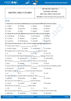 Đề thi giữa HK2 môn Tiếng Anh 8 CTST năm 2023-2024 có đáp án Trường THCS Vân Đồn