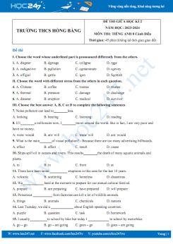 Đề thi giữa HK2 môn Tiếng Anh 8 Cánh Diều năm 2023-2024 có đáp án Trường THCS Hồng Bàng