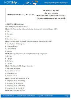 Đề thi giữa HK2 môn Khoa học tự nhiên 6 Cánh diều năm 2023-2024 trường THCS Nguyễn Cao Thắng