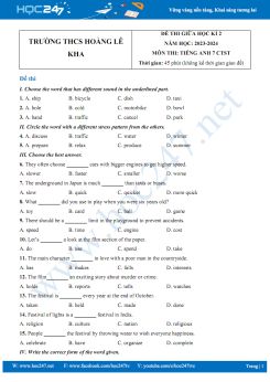 Đề thi giữa HK2 môn Tiếng Anh 7 CTST năm 2023-2024 có đáp án Trường THCS Hoàng Lê Kha