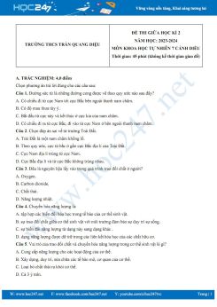 Đề thi giữa HK2 môn Khoa học tự nhiên 7 Cánh diều năm 2023-2024 trường THCS Trần Quang Diệu