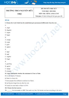 Đề thi giữa HK2 môn Tiếng Anh 6 CTST năm 2023-2024 có đáp án Trường THCS Nguyễn Hữu Thọ