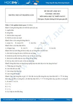 Đề thi giữa HK2 môn Khoa học tự nhiên 8 KNTT năm 2023-2024 trường THCS Lê Thị Hồng Gấm