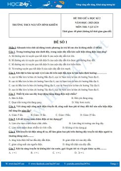 Bộ đề thi giữa HK2 môn Vật lí 9 năm 2023-2024 trường THCS Nguyễn Bỉnh Khiêm có đáp án