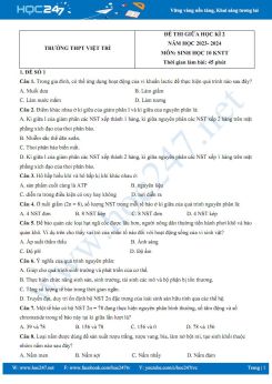 Bộ 3 đề thi giữa HK2 môn Sinh học 10 KNTT năm 2023-2024 có đáp án Trường THPT Việt Trì