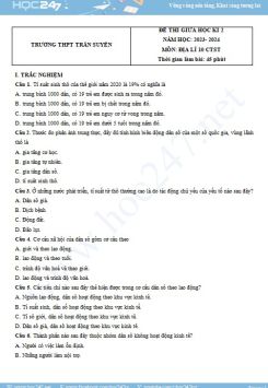 Đề thi giữa HK2 môn Địa lí 10 CTST năm 2023-2024 có đáp án Trường THPT Trần Suyền