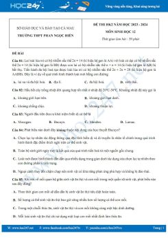 Đề thi HK2 môn Sinh học 12 năm 2023-2024 có đáp án trường THPT Phan Ngọc Hiển