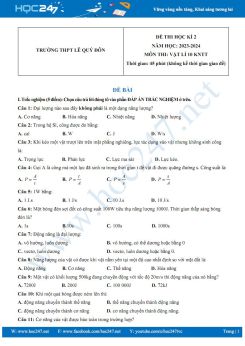 Đề thi HK2 môn Vật lí 10 KNTT năm 2023-2024 có đáp án trường THPT Lê Quý Đôn