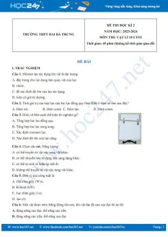 Đề thi HK2 môn Vật lí 10 CTST năm 2023-2024 có đáp án trường THPT Hai Bà Trưng